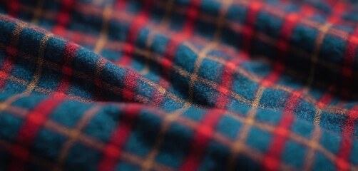  The image features a close-up of a plaid fabric on a bed, showcasing the intricate design and pattern. The blue plaid has.