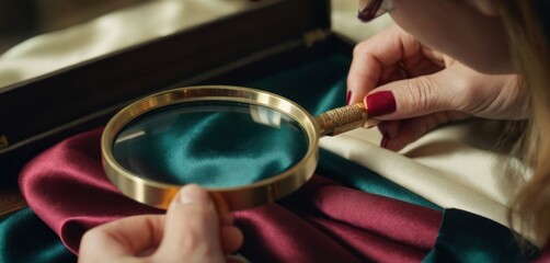  This is a woman who is using a magnifying glass to look closely at a piece of material. She is likely examining the cloth for any defects.