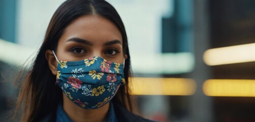  .This image features a woman wearing a floral mask with her hair pulled back, giving the appearance of being fresh-faced and healthy.. - obrazy, fototapety, plakaty