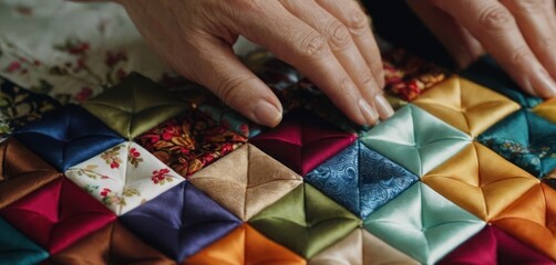  .The woman in the image is carefully sewing a piece of cloth or quilt on her lap. She appears to be working on a small, intr. - obrazy, fototapety, plakaty