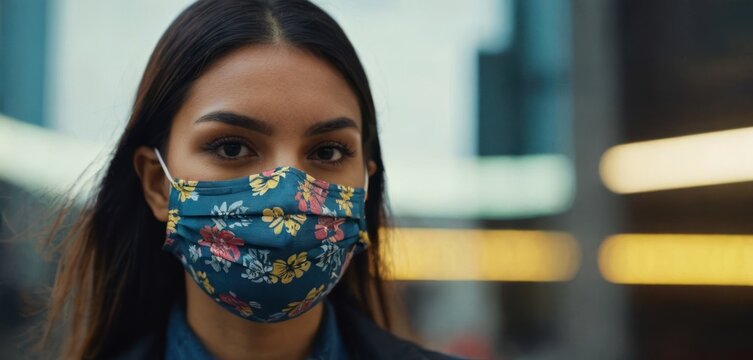  .This image features a woman wearing a floral mask with her hair pulled back, giving the appearance of being fresh-faced and healthy..