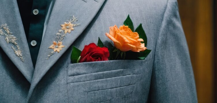  The image features a man dressed in a gray suit, wearing a lapel flower made of red and orange roses. The suit is well-f.