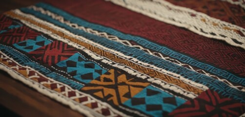  .The image features a table covered with several multicolored, intricately woven cloths. The table showcases a variety of designs and colors.
