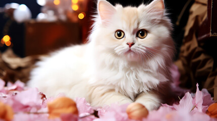 White Persian cat on a background of flowers and Christmas lights.