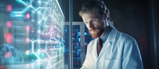Geneticist analyzing gene model in lab coat.