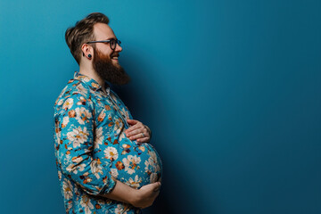 Happy pregnant transexual man with beard expectant trans father on blue background. Celebrating diversity in parenthood pregnant man gender norms expanding the definition of family concept. Copy paste - obrazy, fototapety, plakaty