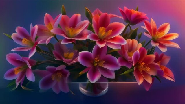 Multicolored lilies arranged in a vase, creating a striking contrast against a dark background.
