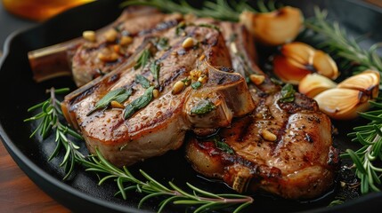 Grilled or pan fried pork chops on the bone with garlic and rosemary - obrazy, fototapety, plakaty