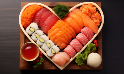 Heart shaped sushi plate of many types of sushi. A valentines day special dish for dinner. Set of heart shaped rolls for online restaurant menu on dark background. Sushi on tray in shape of heart.