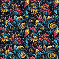 floral seamless pattern with multicolored flowers on black background for carpet and fabric decor