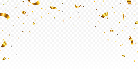 Luxury confetti flying for celebration party banner. Falling shiny golden confetti isolated on transparent background. vector illustration. - obrazy, fototapety, plakaty