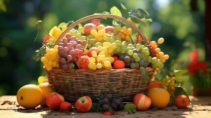 Sunlit assorted fruit basket outdoors - Generative AI