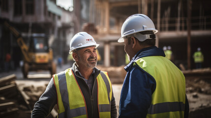 two men at a construction site who are talking to each other, discussing something on a paper, both with safety helmets