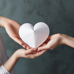 Obraz premium Woman hands holding white paper heart shape for Happiness moment, Health care, donate, Anniversary, Valentine's day, Hope and family insurance concept, World heart and health day, Generative AI.