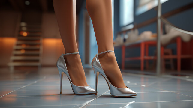 A woman's legs in silver high heels, poised on a sleek interior floor