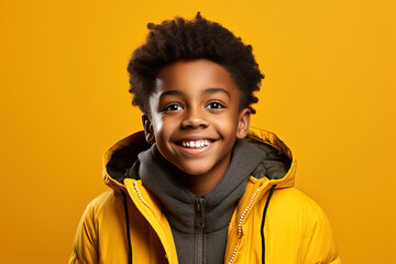 Positive people anouncement concept. Excited smiling African teenager student elementrary school boy with dark hair in hoodie and jacket on isolated yellow background studio portrait