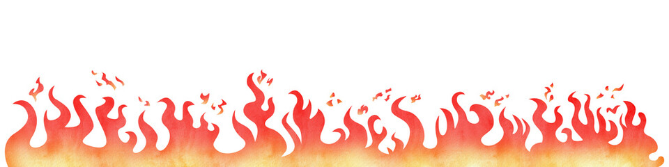 Watercolor fire flame border. Bonfire and fiery borders decorative elements.