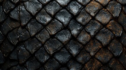 A detailed image showing a close up of a luxurious gold and black dragon scale pattern. Ideal for fantasy-themed designs, gaming graphics, fashion textiles, and interior decor.