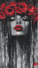Abstract Portrait of a Woman in Grunge Art with Red Lipstick