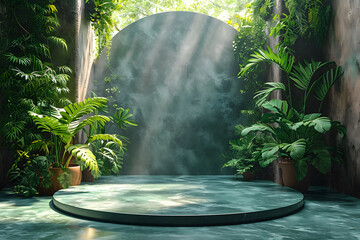 Marble Podium Circular tropical natural leafs plants, cosmetic product placement pedestal present promotional stand showcase scene for product presentation