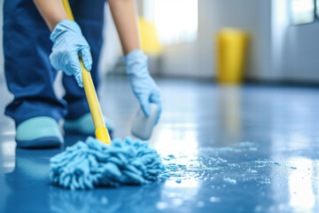 Close-up of cleaners moping the floor of a hall. - obrazy, fototapety, plakaty