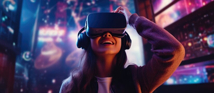 Joyful woman dons advanced VR headset to embark on virtual reality adventure. Teen girl in smart VR gear discovers new videogame level on touch screen.