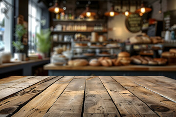 Wooden Table Foreground, Blurred Bakery Shop Background Scene