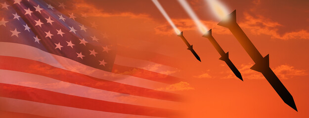 Fired missiles fly to the target. USA flag. Missiles at the sky at sunset. Missile defense. Rockets attack concept. 3d illustration - obrazy, fototapety, plakaty