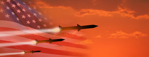 Fired missiles fly to the target. USA flag. Missiles at the sky at sunset. Missile defense. Rockets attack concept. 3d illustration