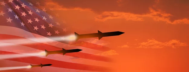 Foto op Plexiglas Fired missiles fly to the target. USA flag. Missiles at the sky at sunset. Missile defense. Rockets attack concept. 3d illustration © arsenypopel