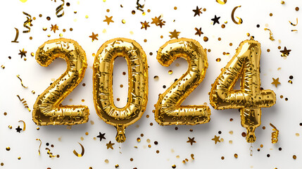 2024 Happy New Year, Banner, Ballons, Golden Confeti, Copyspace, Illustration, Celebration, Happy New Year 2024. Background realistic golden balloons. Decorative design elements. Generative Ai
