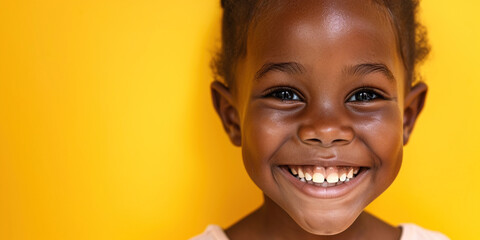 The smile of an African American elementary school girl. Portrait of smiling kid with white teeth...