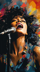 Brazilian singer singing into a microphone, grunge art. Digital watercolor painting. Painting. - obrazy, fototapety, plakaty