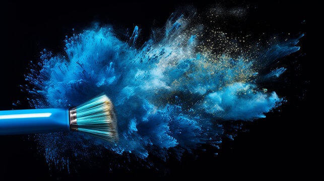 makeup brush with blue powder explosion isolated on black background