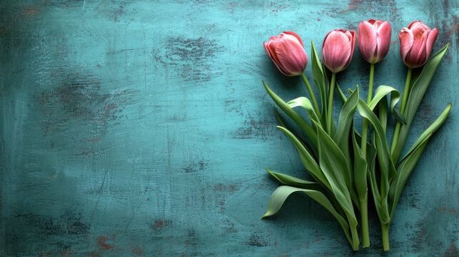 Women's day spring background top view. red tulips on a background of a concrete blue wall with free space.