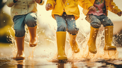 Several children wearing rain yellow boots, jumping and splashing in puddles