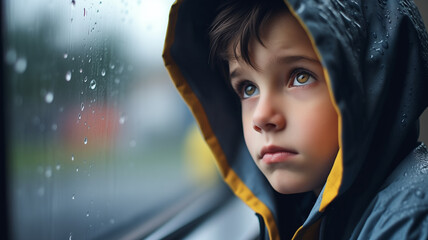 Sad cute child looking trough the window on a rainy day.