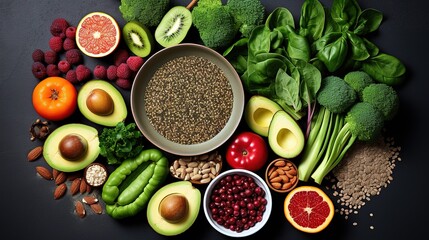 Healthy plant based food, foods for lowering cholesterol, portfolio diet products, top view