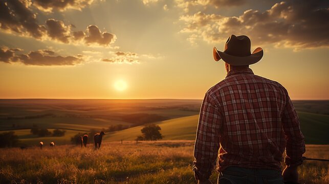 Farmer in vast fields, wearing a plaid shirt and hat. A cowboy herds horses.
