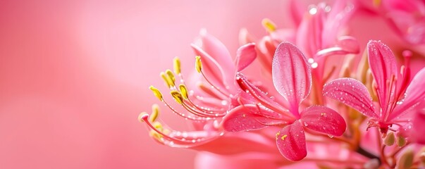 Close up of bright pink honeysuckle flower, macro. Space for text. AI generated digital design.