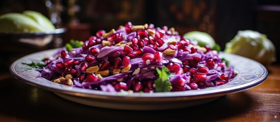 Pomegranate seed-infused red cabbage salad.