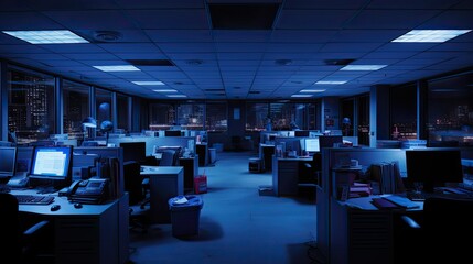 A scenery of an office with many office cubicles