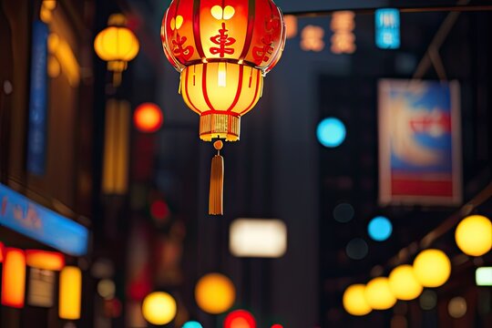 Chinese new year lantern. bokeh background. Warm View of Colorful Lanterns. happy Chinese new year