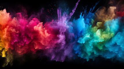 black background with colorful rainbow holi paint color big double powder - obrazy, fototapety, plakaty