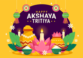 Akshaya Tritiya Festival Vector Illustration with a Golden Kalash, Candle, Pot and Gold Coins for Dhanteras Celebration in Traditional Hindu Holiday