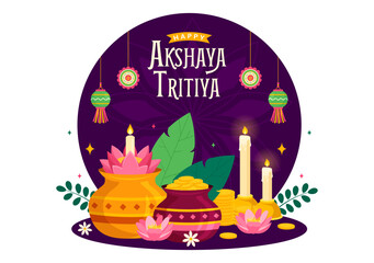 Akshaya Tritiya Festival Vector Illustration with a Golden Kalash, Candle, Pot and Gold Coins for Dhanteras Celebration in Traditional Hindu Holiday