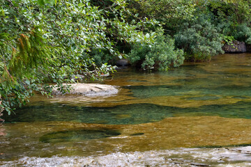 Pot holes under the emerald waters of the mountain river.