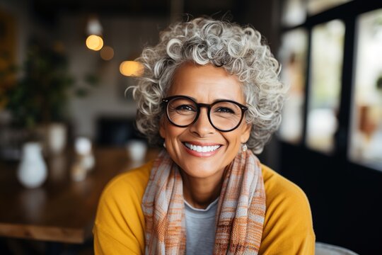 Portrait Of A Smiling Mature Woman With Grey Hair And Glasses