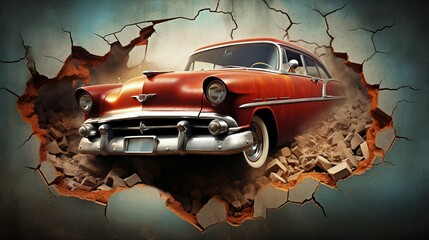 3d wallpaper design with a classic car jumping out of broken graffinti wall - obrazy, fototapety, plakaty