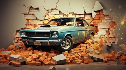 3d wallpaper design with a classic car jumping out of broken graffinti wall